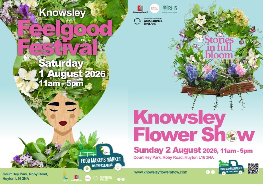 Knowsley Feelgood Festival Saturday 1 August 11am – 5pm Court Hey Park, Roby Road Huyton L16 3NA. Food Makers Market on the Clearing. Knowsley Flower Show. Stories in Full Bloom Sunday 2 August 2026 11am – 5pm Court Hey Park, Roby Road Huyton L16 3NA. Food Makers Market on the Clearing.